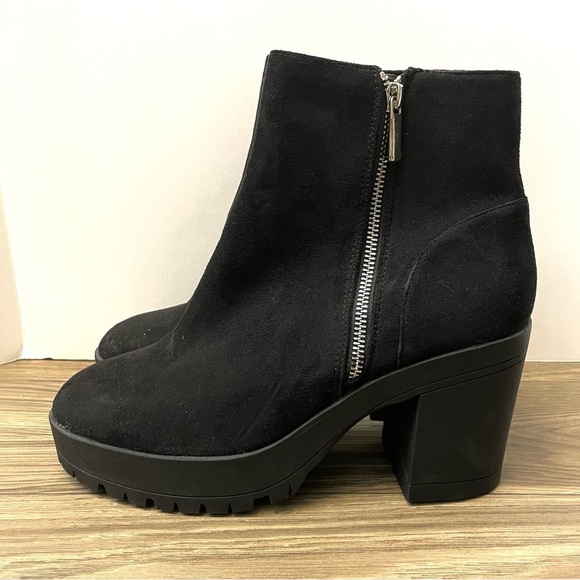 NEW French Connection Black Vegan Suede Zip Moto Biker Platform Heeled Boots - Picture 3 of 9
